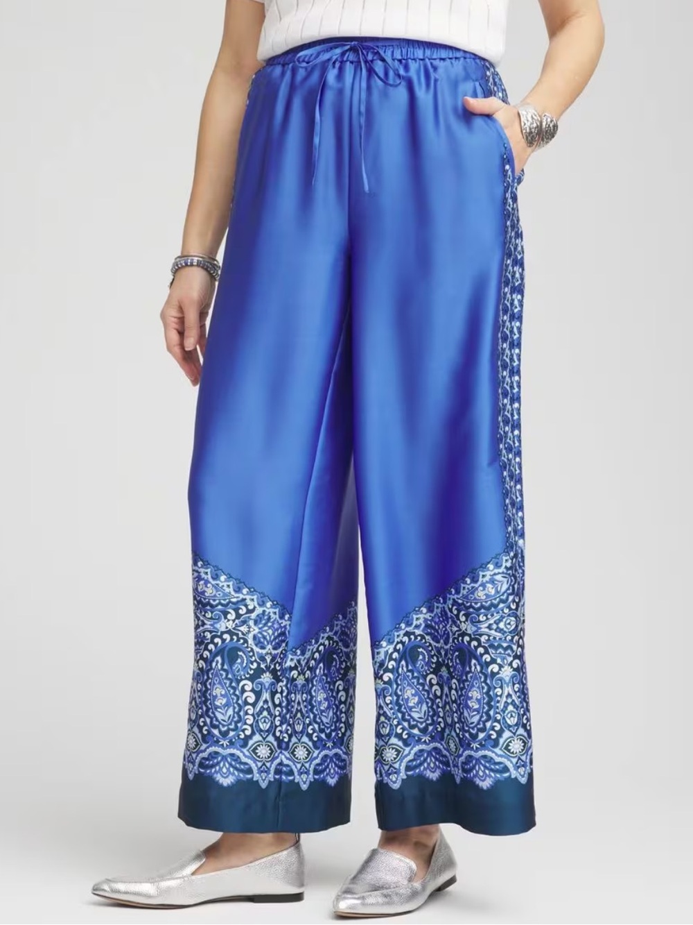 Chico’s Pull On Paisley Blue Drawstring Cropped Wide Leg Pants NEW WITH TAG SZ L